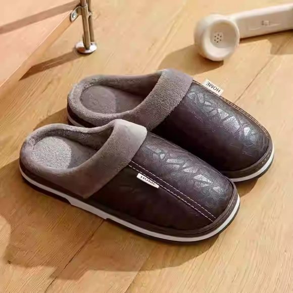 PU Leather Big Sizes Slippers Indoor Waterproof Fur Flat - Image 2