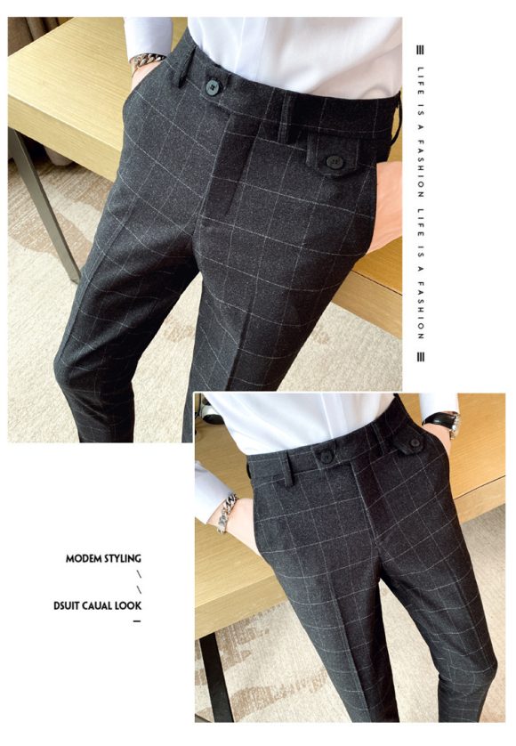 Korean Style British Classic Checkered Elegant Slim Fit Men's Best Man Pencil Pants Suit Pants - Image 3