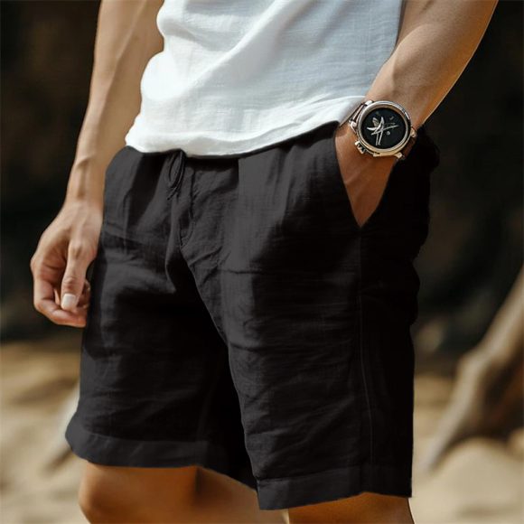 Men's Cotton And Linen Pocket Drawstring Elastic Waist Shorts - Image 3