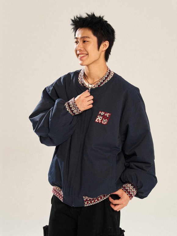 Ethnic Jacquard Stitching Thick Quilted Couple Baseball Uniform Jacket - Image 3