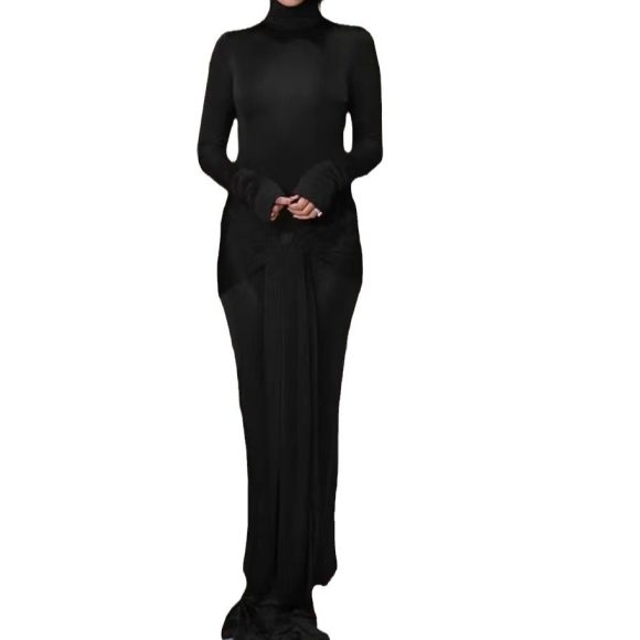 High Collar Solid Color European And American High-end Lace-up Design Dress - Image 6