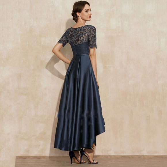 Navy Blue Satin Ball Lace Short Sleeve Dress - Image 4
