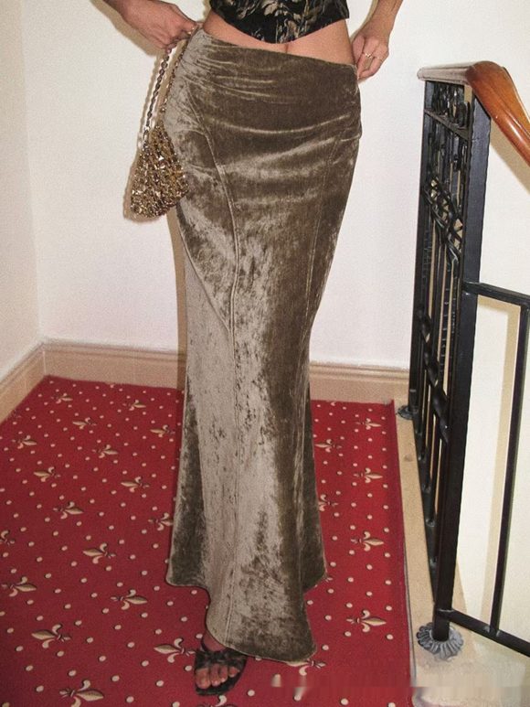 Long European And American Velvet Gloss Diamond Velvet Oblique Cut High Waist Drooping A- Line Temperament Sexy Skirt - Image 3