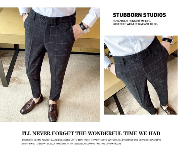 Korean Style British Classic Checkered Elegant Slim Fit Men's Best Man Pencil Pants Suit Pants - Image 5
