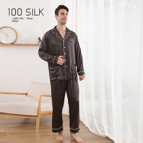 Men's Silk Pajamas 22 M Heavy Mulberry Silk Lapel Homewear - Image 8
