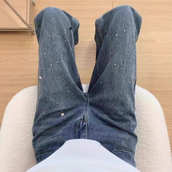 Light Blue Narrow Wide Leg Jeans Straight Spring - Image 2