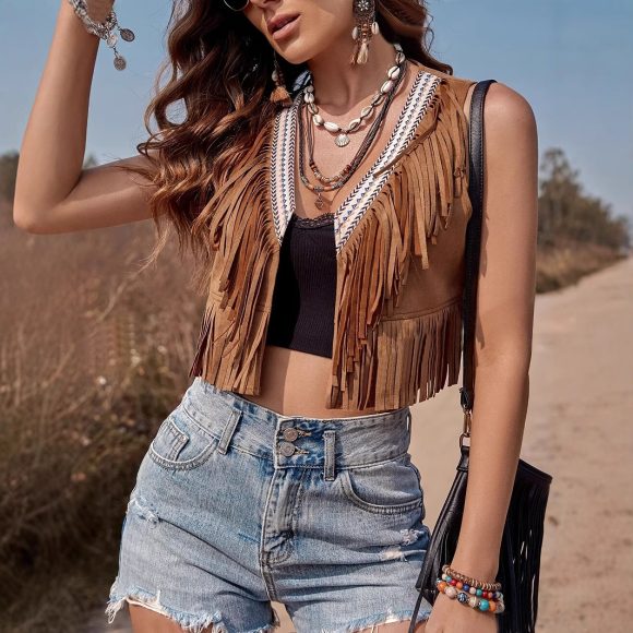 Women's Solid Color Short Vest Sleeveless Fringe Maillard Vest Cardigan