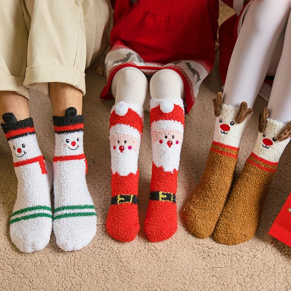 Child Christmas Socks Winter No-shedding Cute Elk Elk Santa Claus Snowman Sleeping Floor Coral Fleece Socks - Image 6