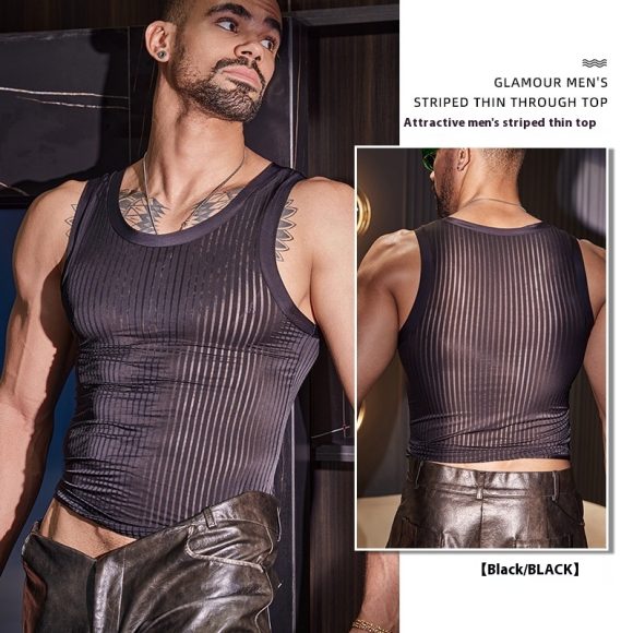 New Men's Cross-strap Vest Striped Thin Transparent High Elastic Skin-friendly Top - Image 3