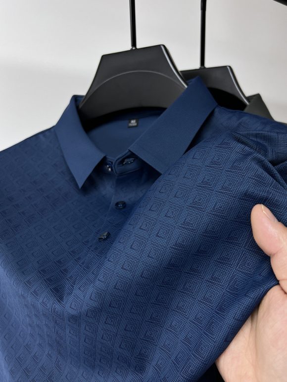 High-end Elegant Ice Silk Short Sleeve T-shirt Men's Lapel Summer Plaid Polo Shirt - Image 8