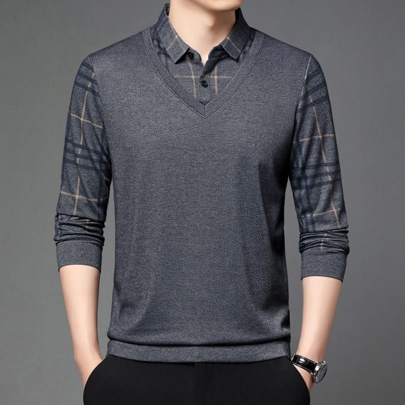 Fake Two-piece Lapel Long-sleeved Men's T-shirt - Image 6