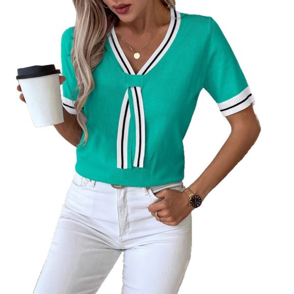 Women's Contrast Color V-neck Short Top Sweater - Image 6