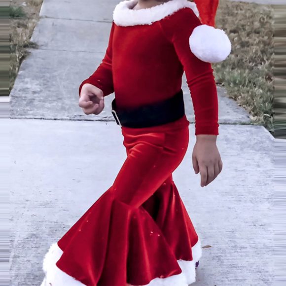 Winter Christmas Long-sleeved Shirt Bell Bottoms Hat Three-piece Children's Clothing - Image 6