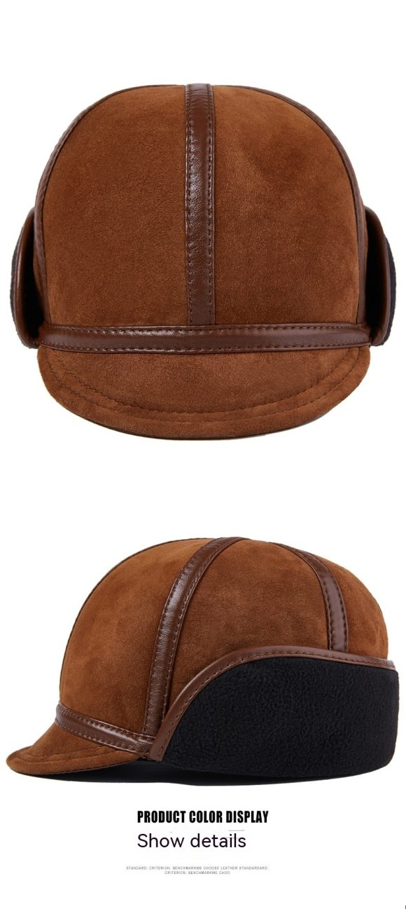 Casual Leather Men's Winter Sheepskin Velvet Thermal Outdoor Hat - Image 4