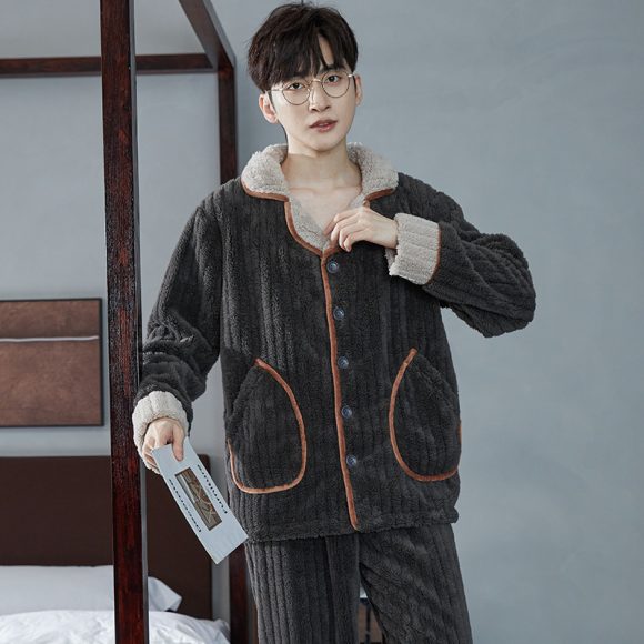Autumn And Winter Flannel Men's Pajamas Men's Lapel Cardigan - Image 9