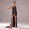 One-shoulder Diagonal Collar Leopard Sequined Evening Dress - Image 4