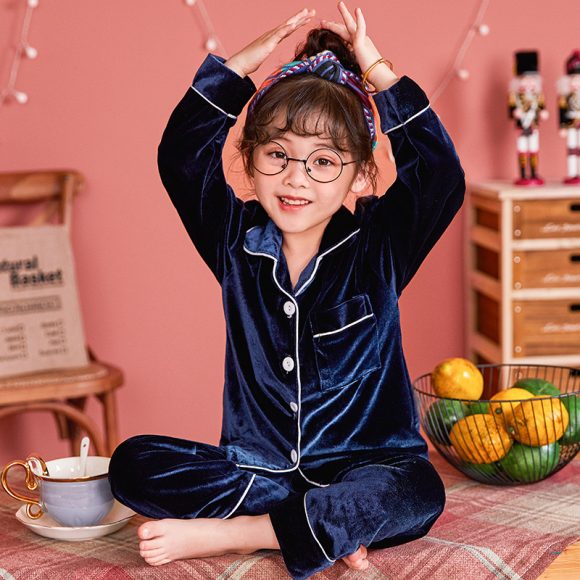 Children's Gold Velvet Solid Color Pajamas Set - Image 5