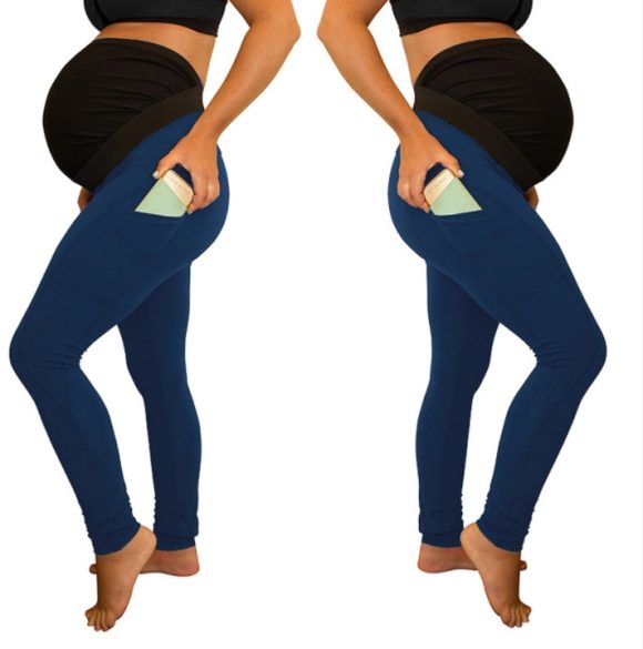 pure color panel long and high waist side pocket Maternity Pants - Image 2