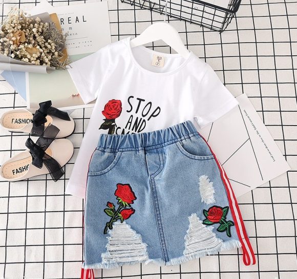 Kids Clothes White T-shirt Denim Skirt 2pcs Girls Suits - Image 2