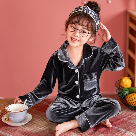 Children's Gold Velvet Solid Color Pajamas Set - Image 7