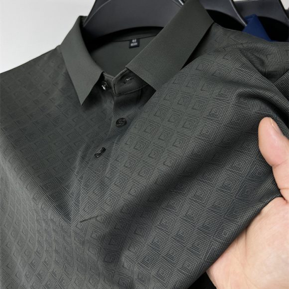 High-end Elegant Ice Silk Short Sleeve T-shirt Men's Lapel Summer Plaid Polo Shirt - Image 4