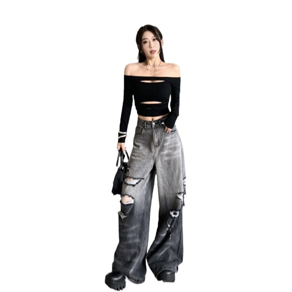 Gradient Color Big Ripped Hot Girl Wide Leg Jeans For Women - Image 4