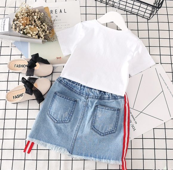 Kids Clothes White T-shirt Denim Skirt 2pcs Girls Suits - Image 8