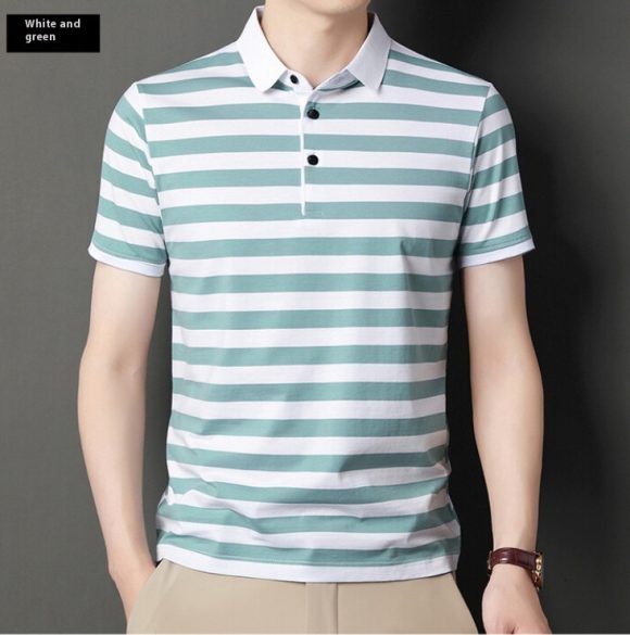 Summer Short-sleeved T-shirt Men's Cotton Ice Silk Polo Collar Stripes Youth Undershirt - Image 4