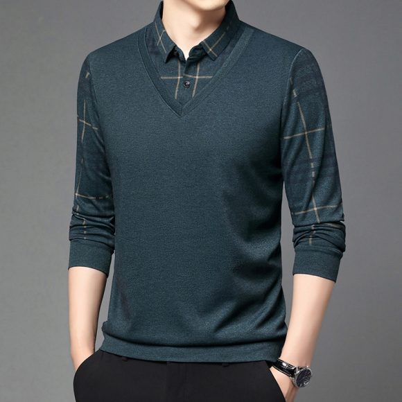 Fake Two-piece Lapel Long-sleeved Men's T-shirt - Image 2