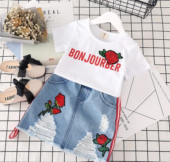 Kids Clothes White T-shirt Denim Skirt 2pcs Girls Suits - Image 7