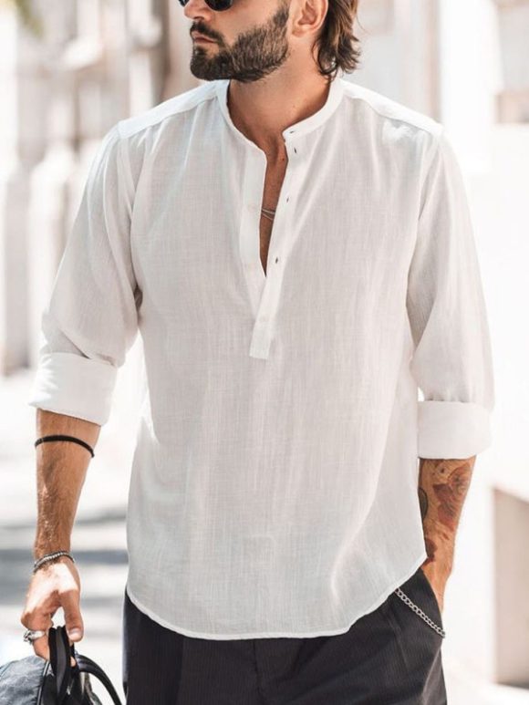 Men's Casual Stand-up Collar Door Barrel Solid Color Long-sleeved Shirt - Image 5