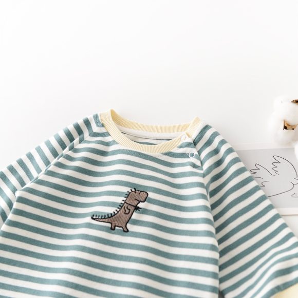Male And Female Baby Cartoon Striped Dinosaur Embroidery Long-Sleeved Jumpsuit - Image 3