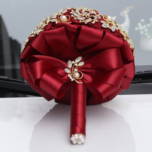 Golden Full Diamond Bridal Bouquet, Golden Rhinestones, European And American Style Handmade Burgundy Wedding Bouquet - Image 6