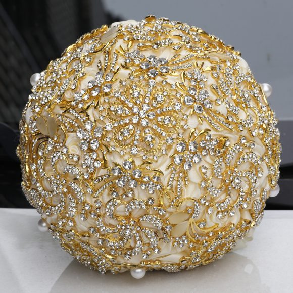 Golden Full Diamond Bridal Bouquet, Golden Rhinestones, European And American Style Handmade Burgundy Wedding Bouquet - Image 7
