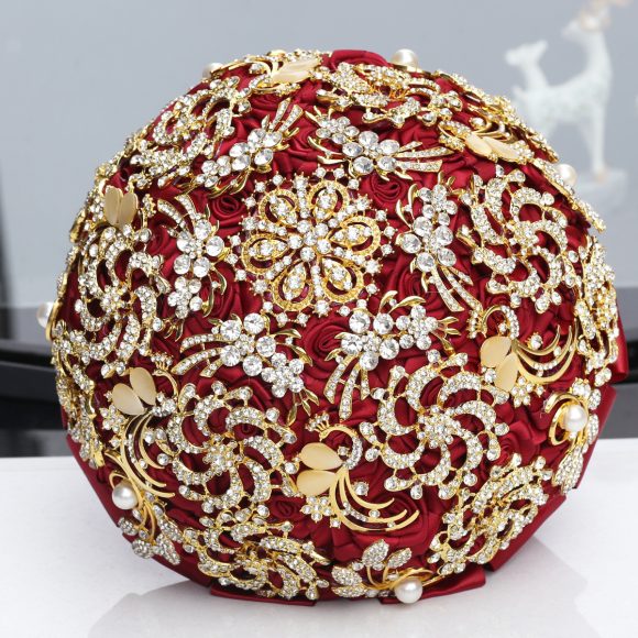 Golden Full Diamond Bridal Bouquet, Golden Rhinestones, European And American Style Handmade Burgundy Wedding Bouquet - Image 5