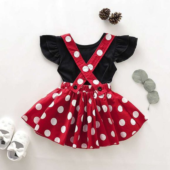 Girls' Summer Solid Color Fly Sleeve Top  Dot Suspender Skirt - Image 4