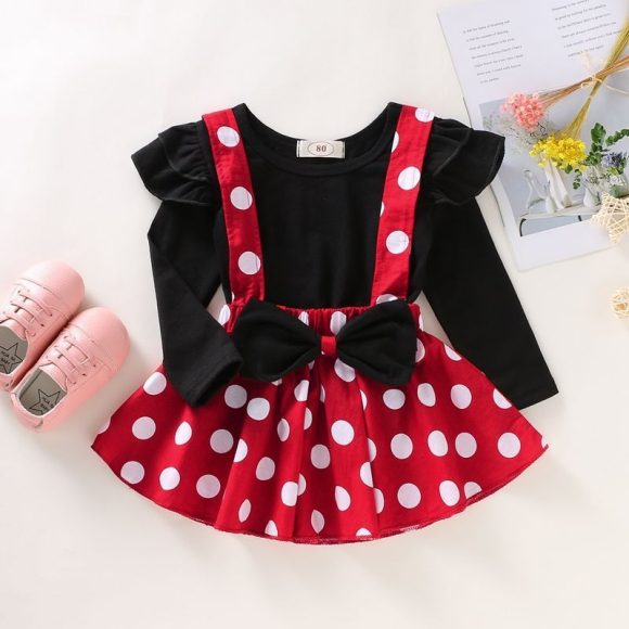 Girls' Summer Solid Color Fly Sleeve Top  Dot Suspender Skirt - Image 6