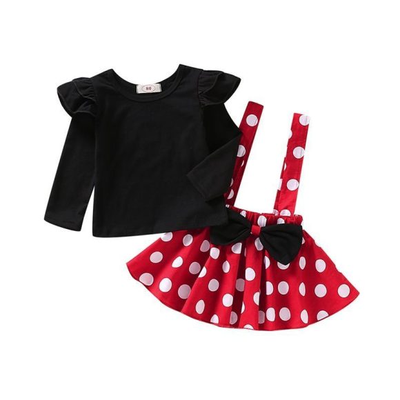 Girls' Summer Solid Color Fly Sleeve Top  Dot Suspender Skirt - Image 3