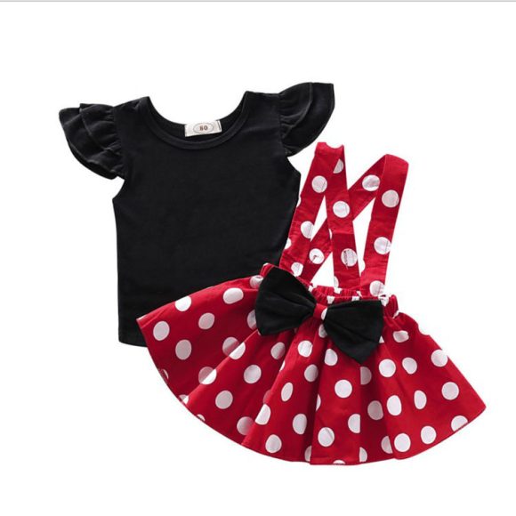 Girls' Summer Solid Color Fly Sleeve Top  Dot Suspender Skirt - Image 2