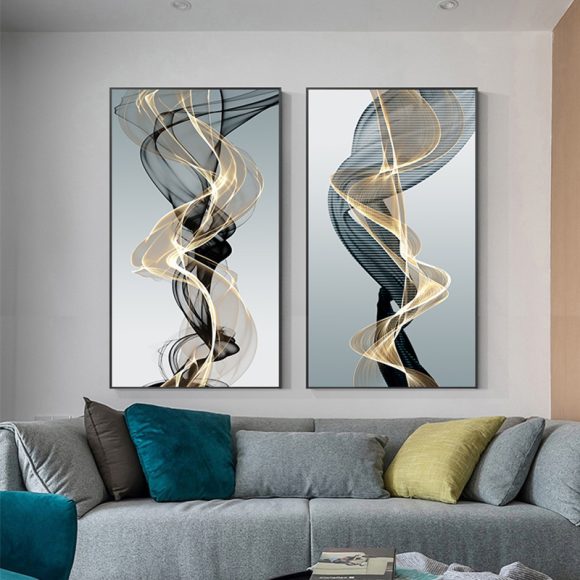 Postmodern Abstract Black Yellow Line Canvas Painting - Image 8