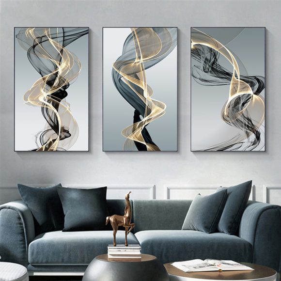 Postmodern Abstract Black Yellow Line Canvas Painting - Image 5