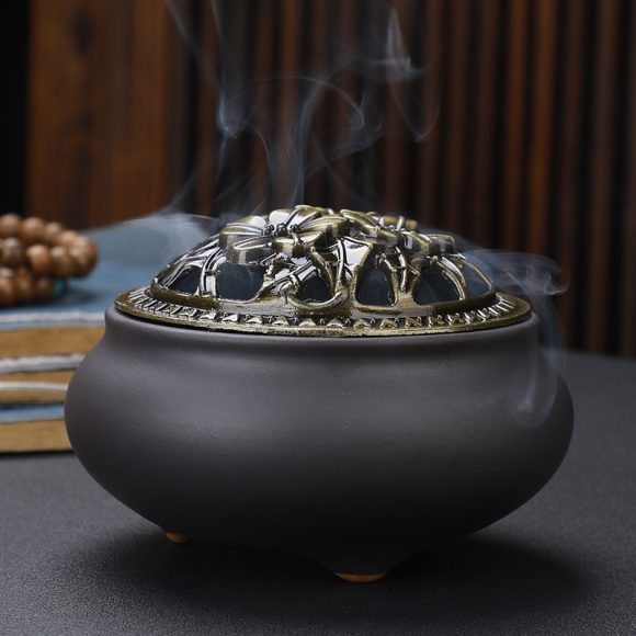 Copper Lid Ceramic Incense Burner Buddha with Antique Alloy Wire Incense Burner - Image 4