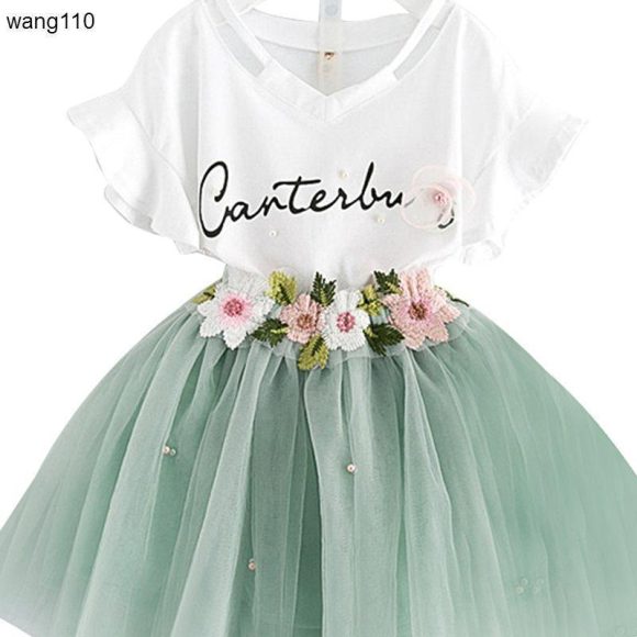 Summer Kids Girls Clothing Sets 2 pcs T-shirt Hole Pants Set - Image 3