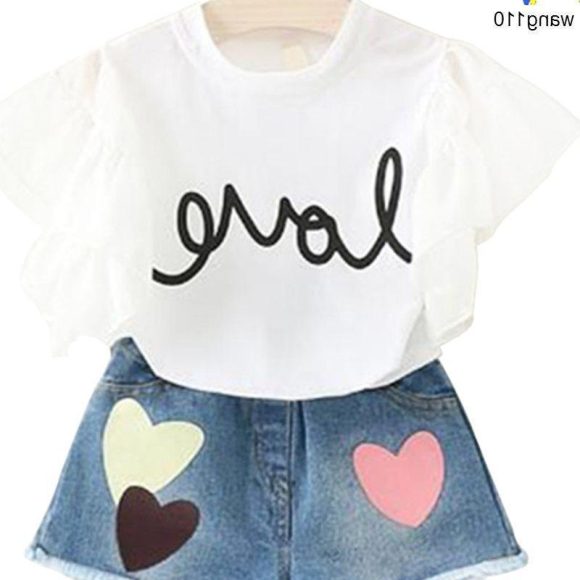 Summer Kids Girls Clothing Sets 2 pcs T-shirt Hole Pants Set - Image 5