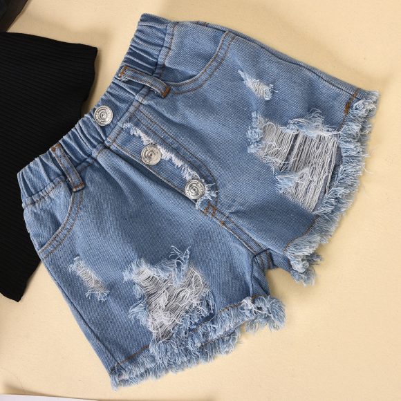 Children'S Clothing Cotton Dot Mesh Sleeves Striped Top Ripped Denim Shorts Kids Suit - Image 3