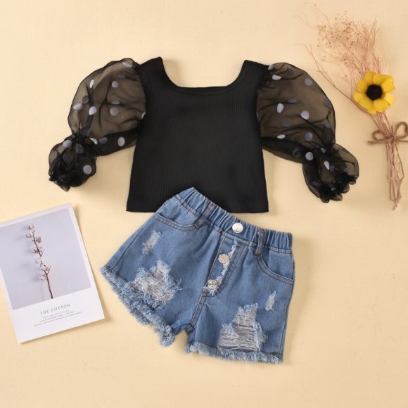 Children'S Clothing Cotton Dot Mesh Sleeves Striped Top Ripped Denim Shorts Kids Suit - Image 2