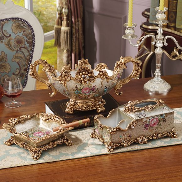 European-style Fruit Plate Three-piece Coffee Table Decoration Ashtray Tissue Box Set - Image 6