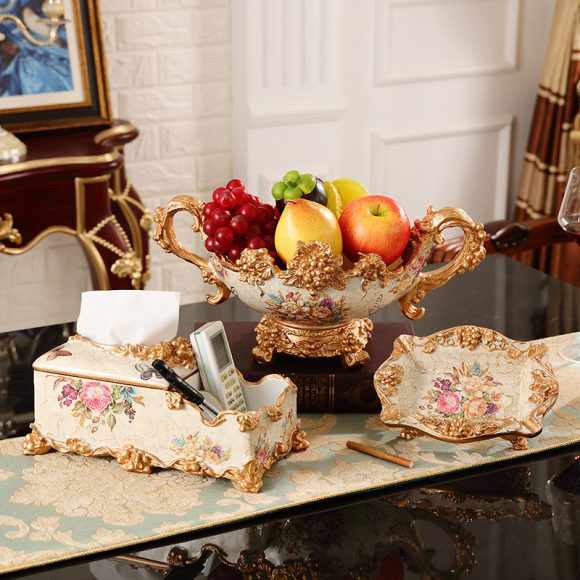 European-style Fruit Plate Three-piece Coffee Table Decoration Ashtray Tissue Box Set - Image 4