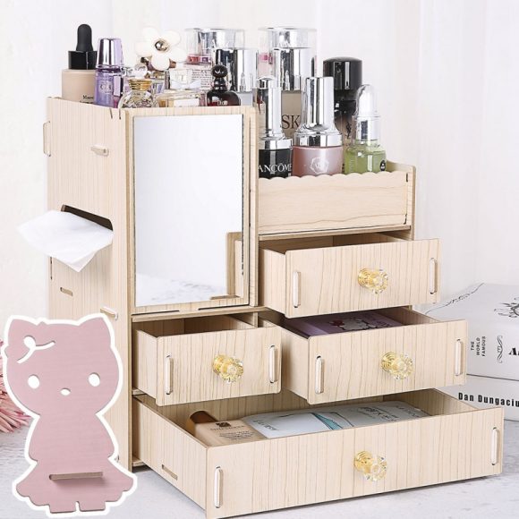 Wooden Tabletop Cosmetic Storage Box Cosmetic Box Wooden Jewelry Storage Drawer Type Storage Box - Image 7