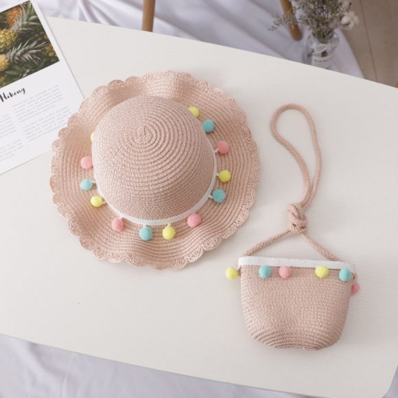 Small Ball Solid Color Children Straw Hat Bag Set - Image 7